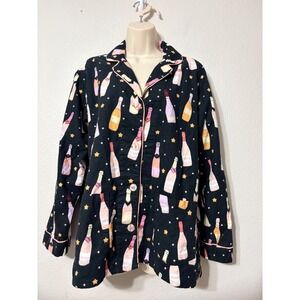 PJ Salvage Womens Small Fleece Pajama Top Champagne Bottle Star Print Black Pink